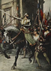Aan het hoofd van een grote groep mannen reed Rienzi, uit 